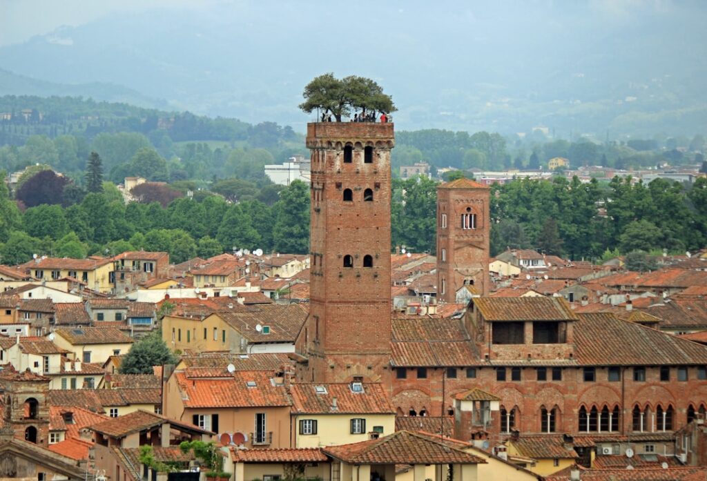 Lucca cityscape medieval towers sunset