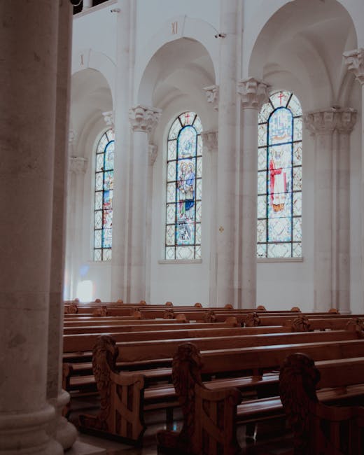 church interior pews sunlight stained glass