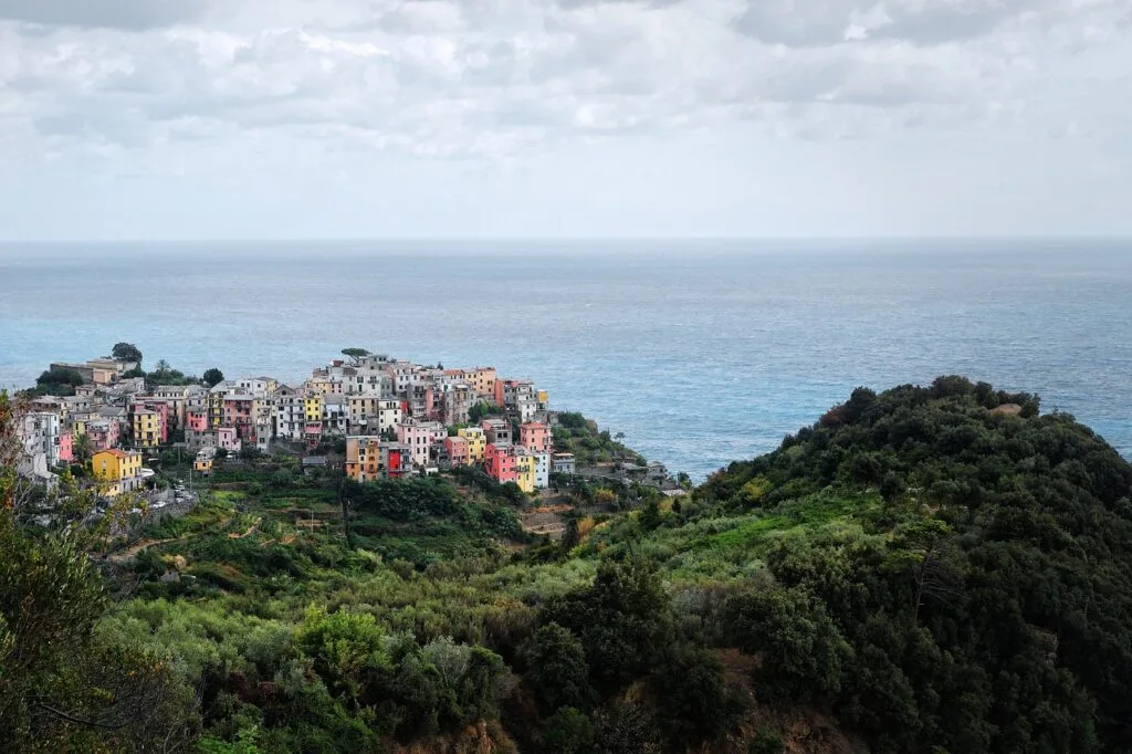 Colorful Cinque Terre village perched on cliffs above the Mediterranean Sea