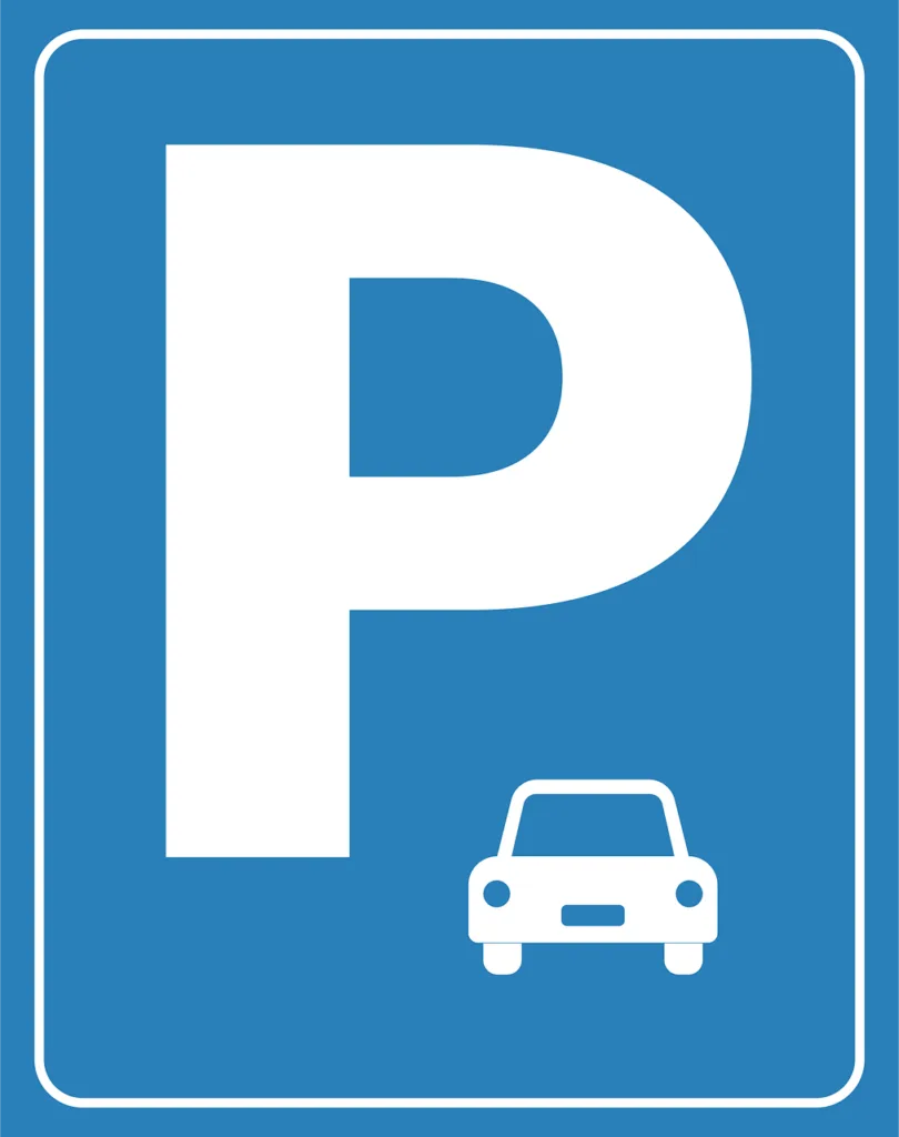 Blue European parking sign with large white P and car