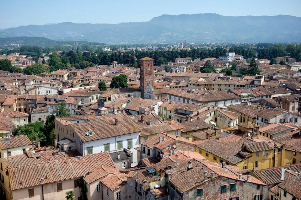 Lucca roofscape with terracotta tiles and distant green hills