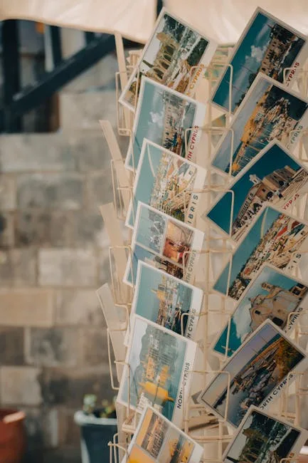Rack of colorful postcards for tourists displayed in Lucca shop