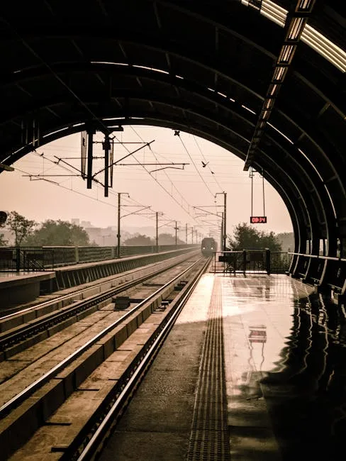 Train platform at Lucca station with tracks and approaching train