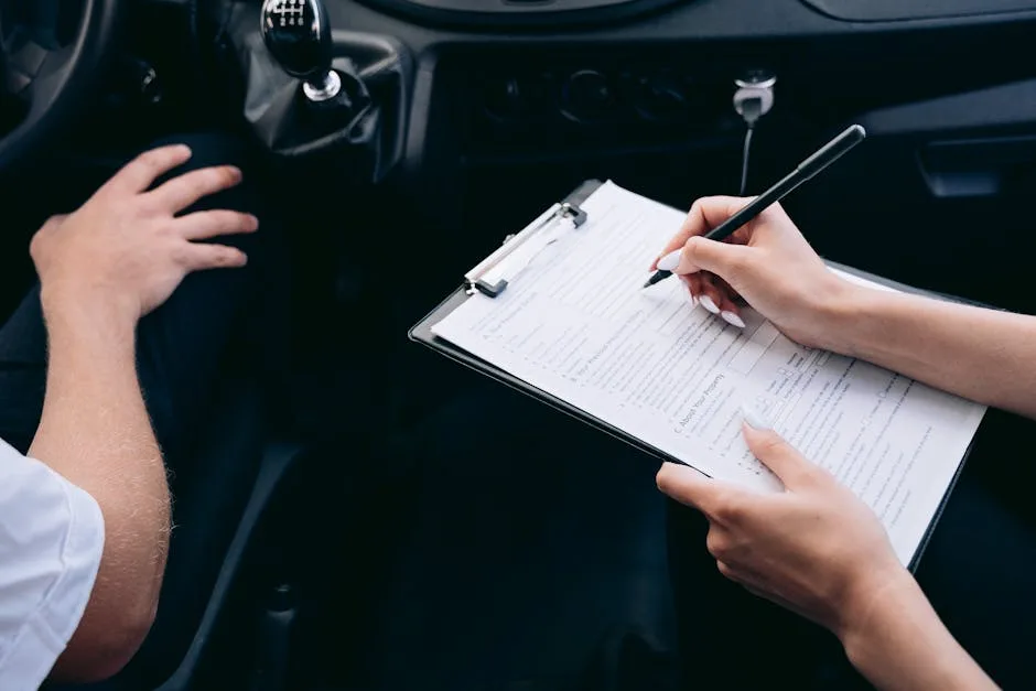 Person signing a car rental agreement inside compact rental car