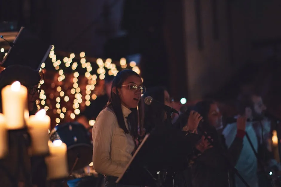 Young singer performing by candlelight during a Lucca church concert.