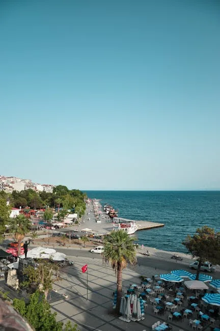 Coastal promenade with palm trees, pier, and striped beach umbrellas