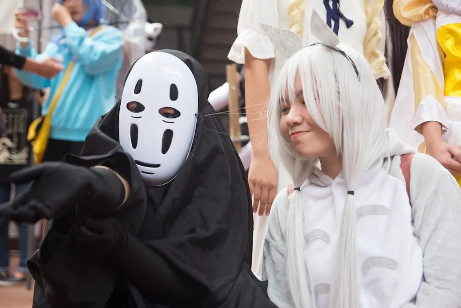 Two cosplayers including No-Face posing at Lucca Comics festival