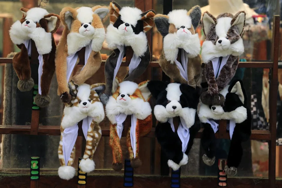 Plush animal hats displayed on a market stall at Lucca Comics.