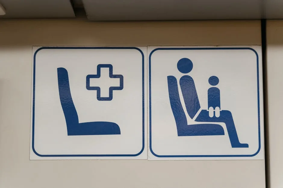 Blue pictogram signs showing priority seats inside a train to Lucca