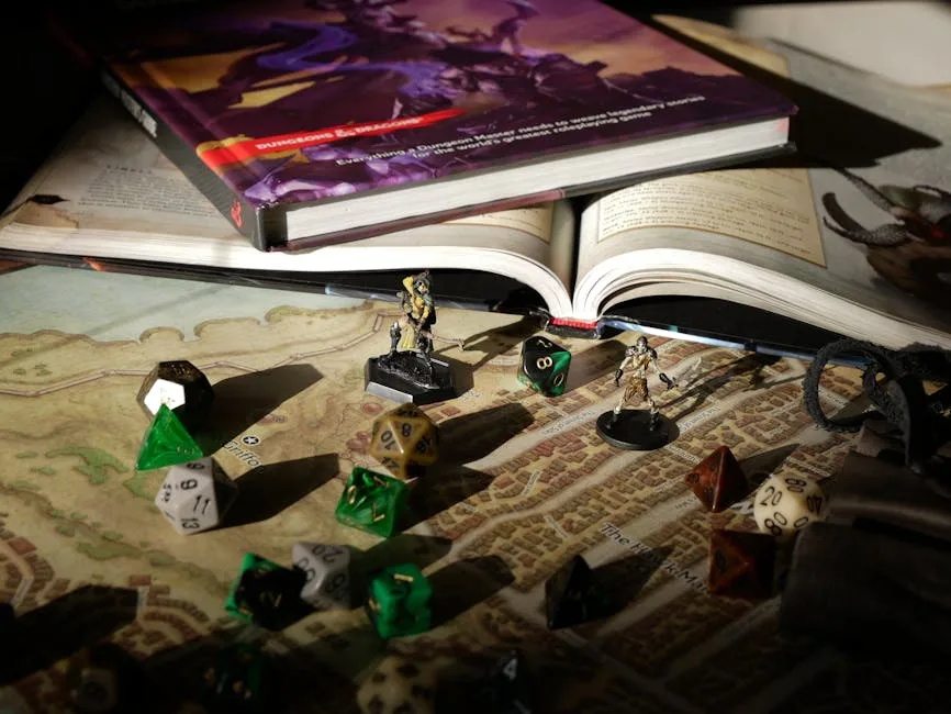 Dungeons & Dragons books, polyhedral dice, and miniatures at Lucca booth