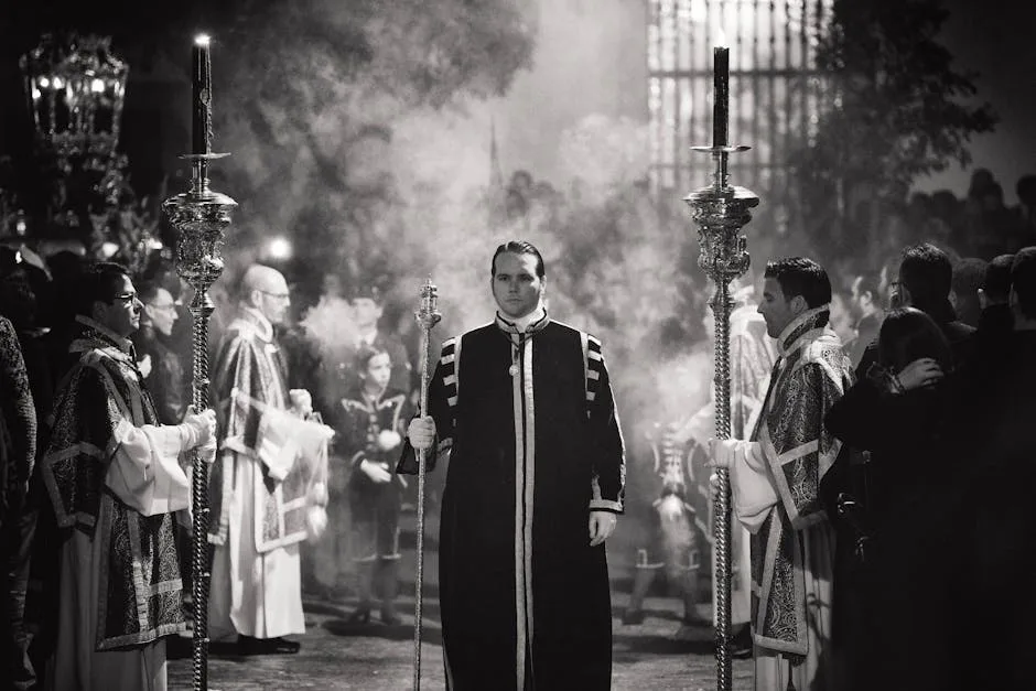 Black-and-white image of a solemn religious procession with incense in Lucca