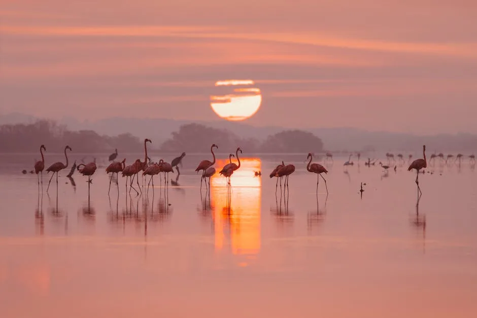 Flamingos wading in shallow water at sunrise with reflection