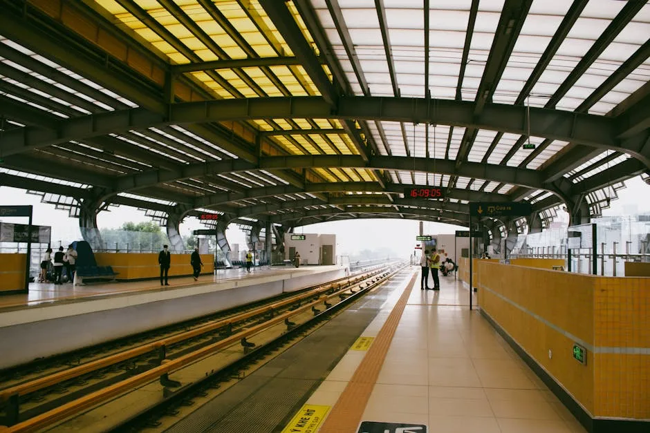 Train platform with curved roof and tracks, heading toward Lucca