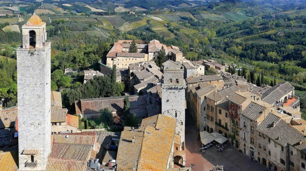 Aerial view of San Gimignano rooftops and medieval stone towers