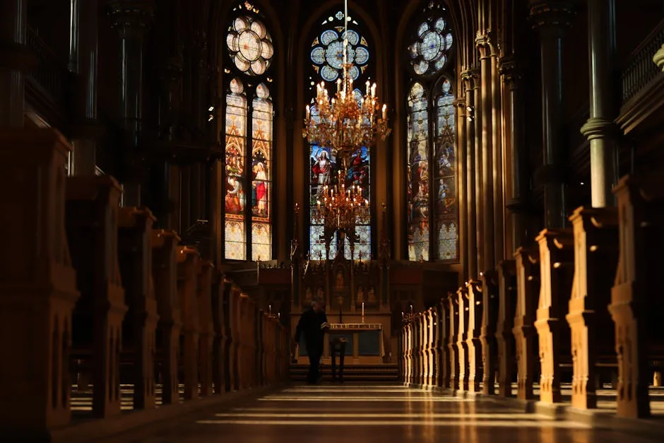 Sunlit church nave in Lucca with chandeliers and distant stained glass
